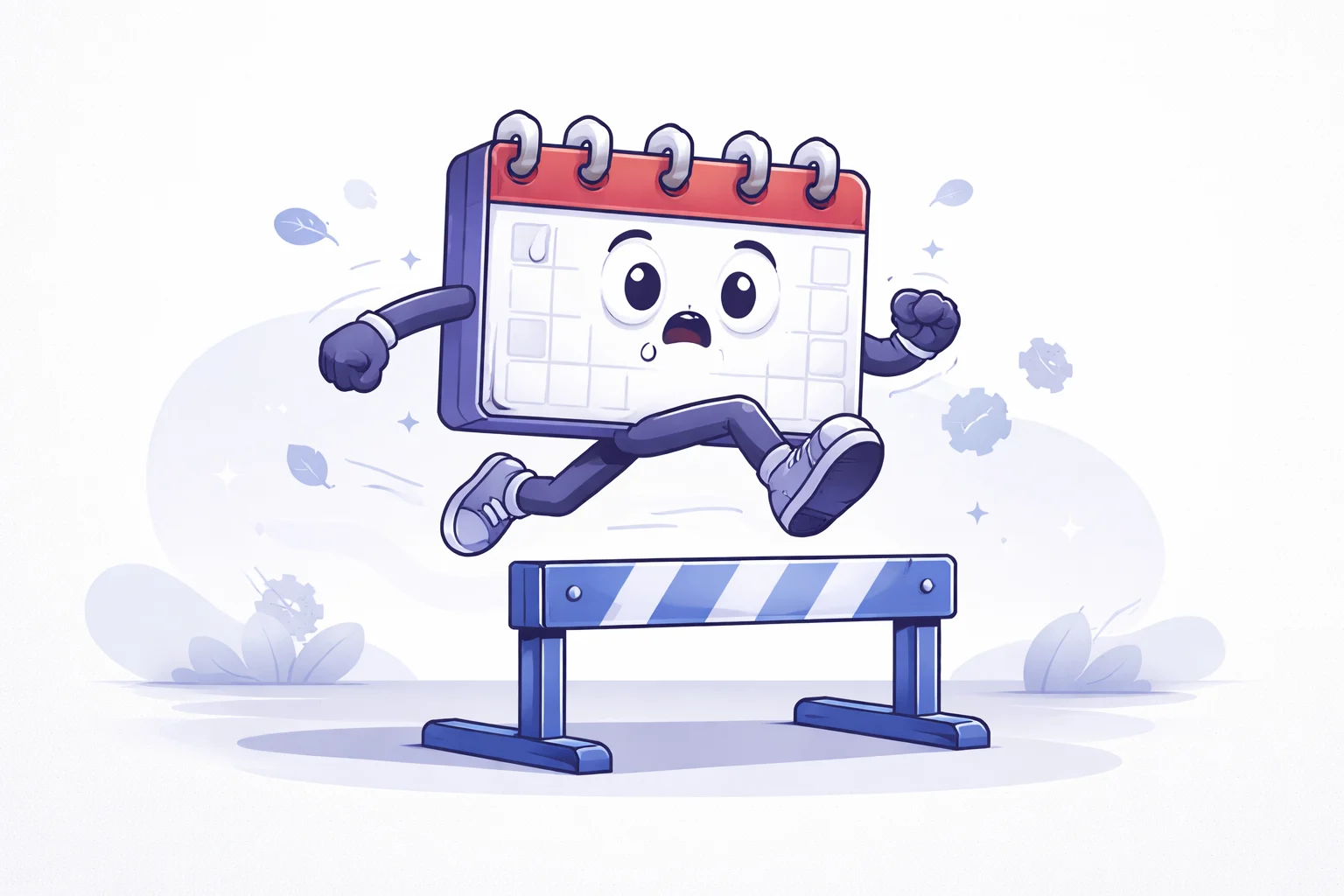 A cartoon calendar with legs, looking confused as it tries to jump over a 'Leap Year' hurdle. This illustrates the complexity of date math.