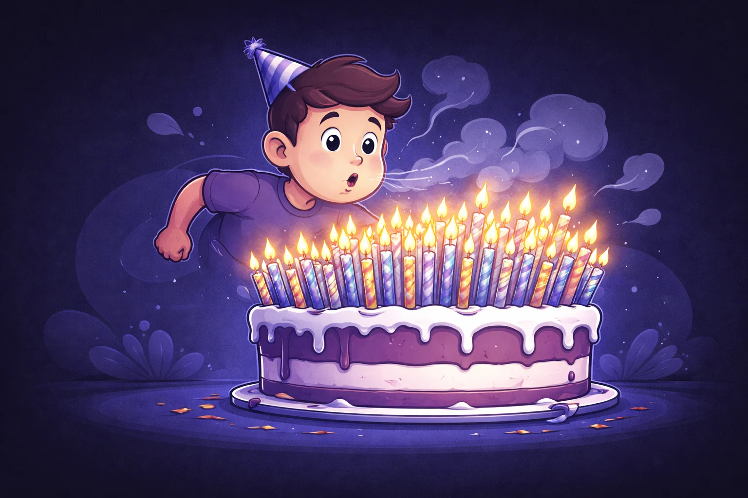 A birthday cake with way too many candles, and a character trying to blow them all out. Represents the accumulation of time.