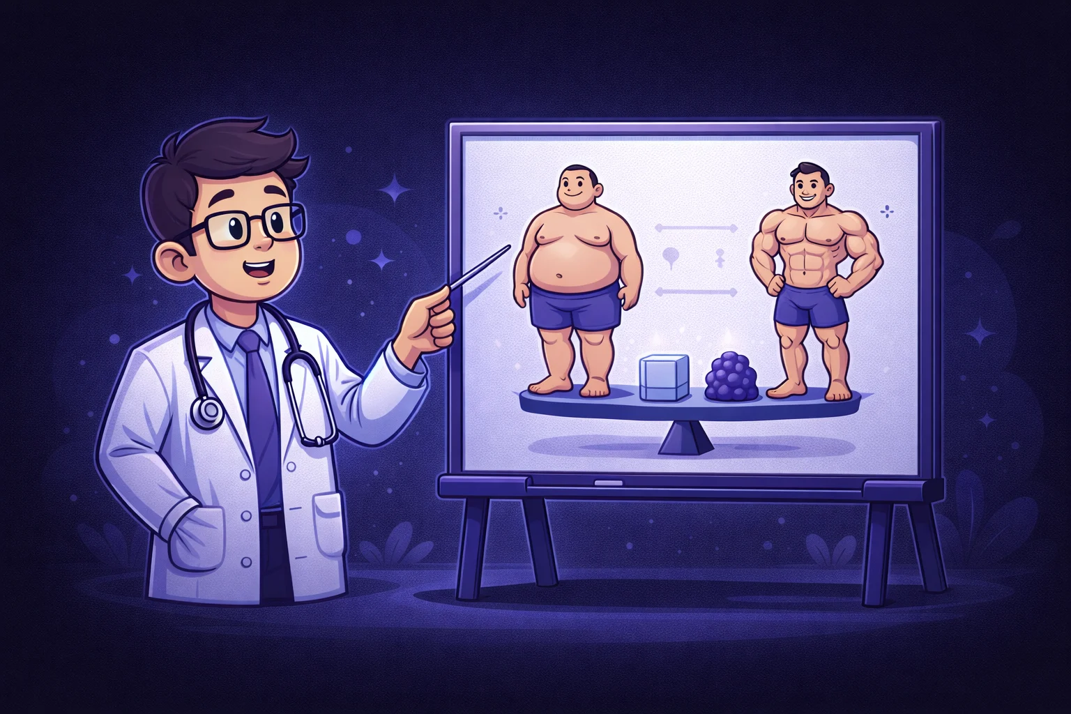 A cartoon doctor pointing to a chart with different body types, explaining that muscle weighs more than fat. This illustrates the limitations of BMI.