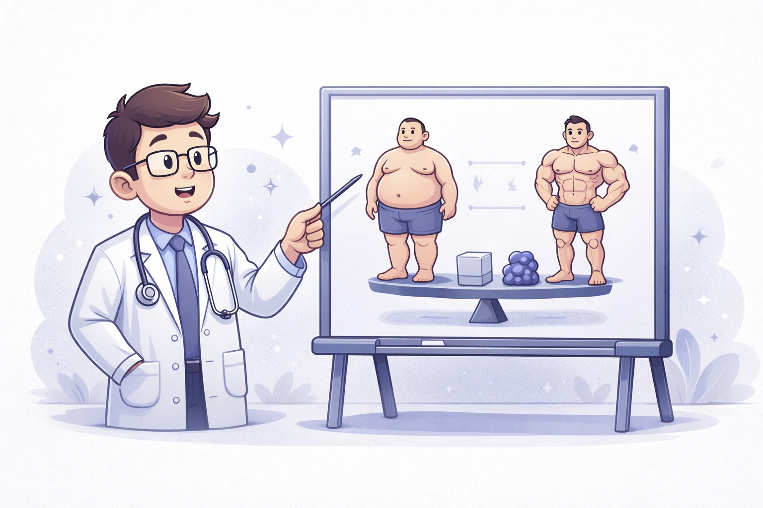 A cartoon doctor pointing to a chart with different body types, explaining that muscle weighs more than fat. This illustrates the limitations of BMI.
