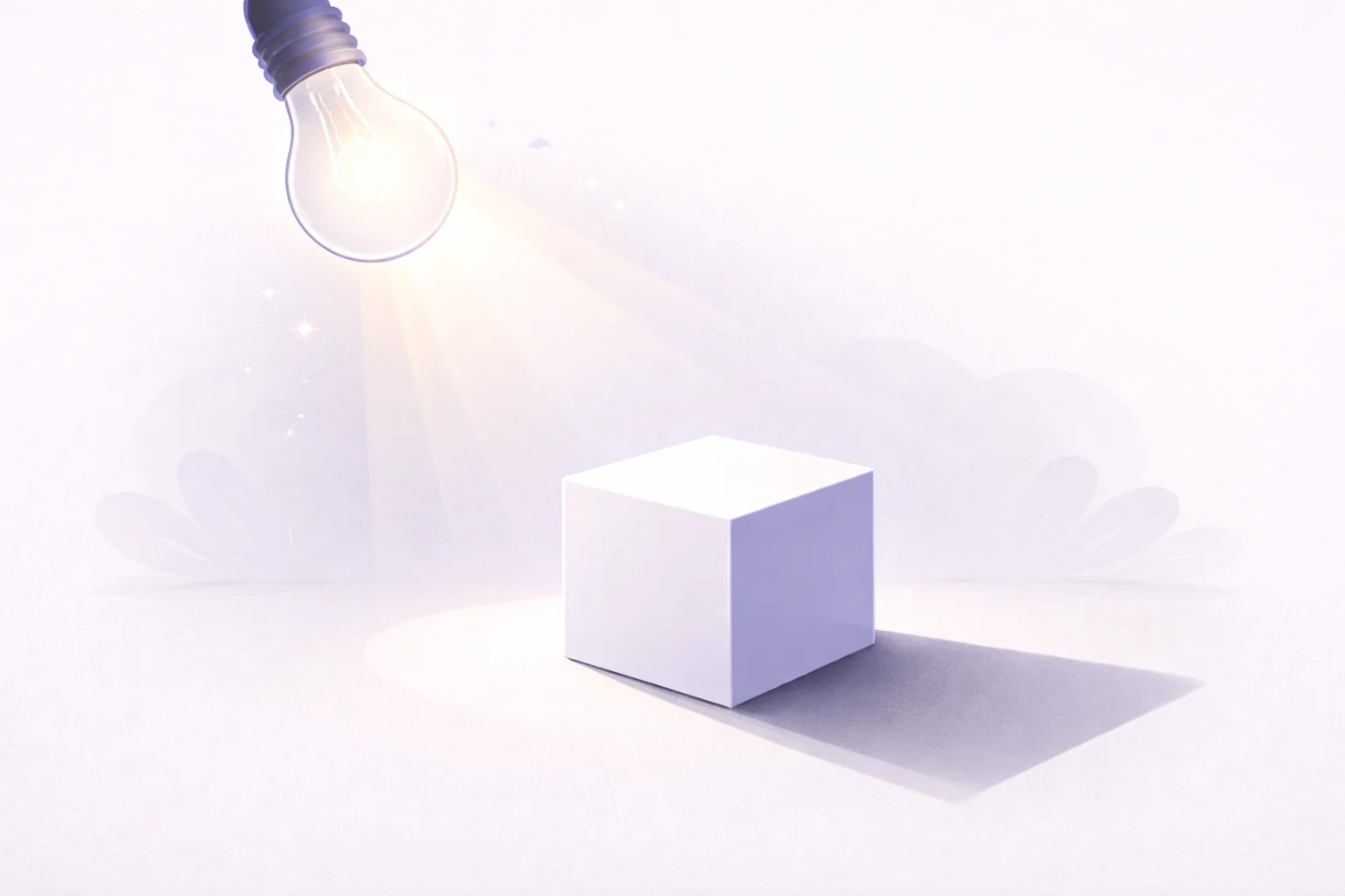 A black and white cartoon of a light bulb shining on a cube, casting a realistic shadow that demonstrates the physics of light.