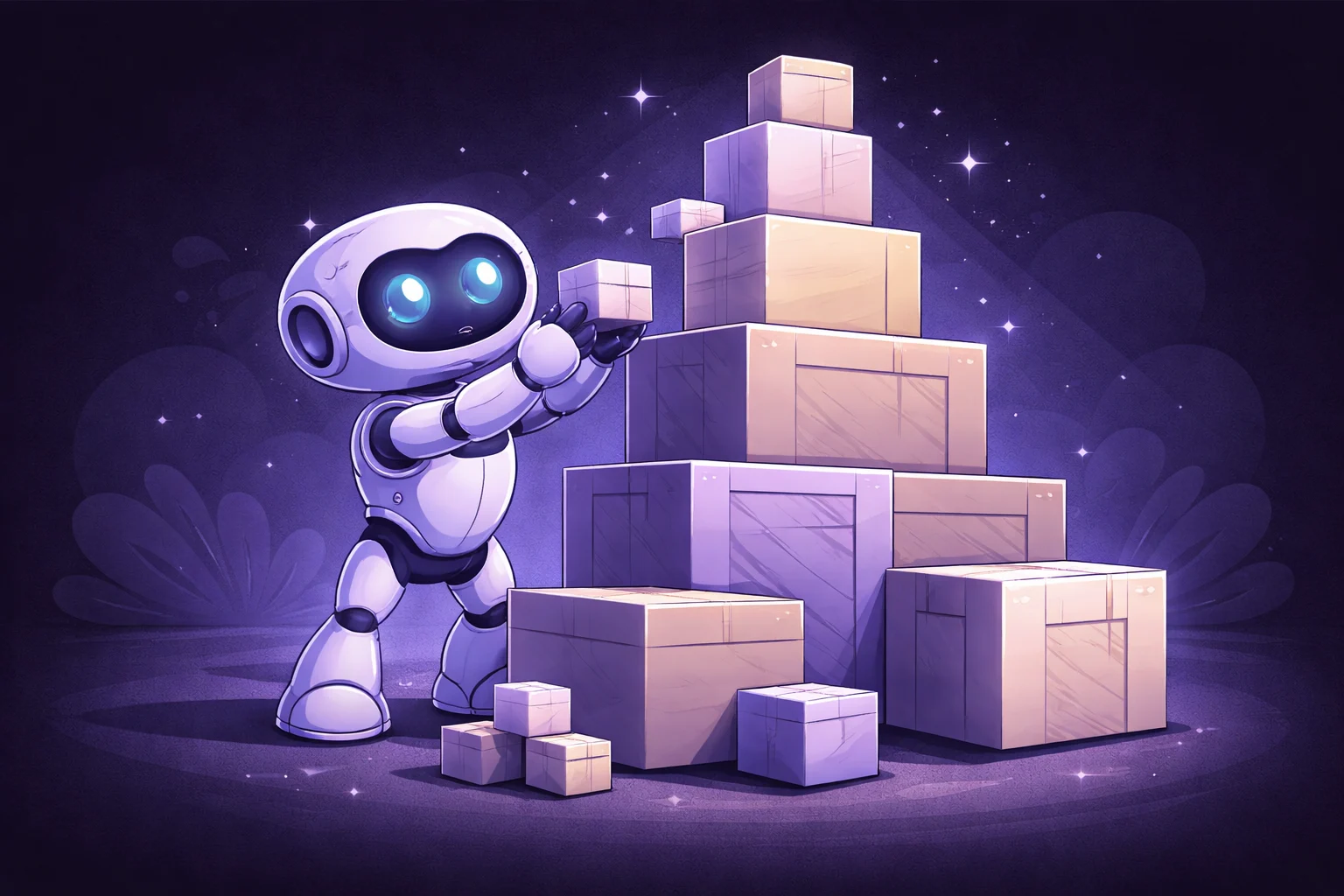 A black and white cartoon of a robot stacking boxes of vastly different sizes, from tiny cubes to massive crates.