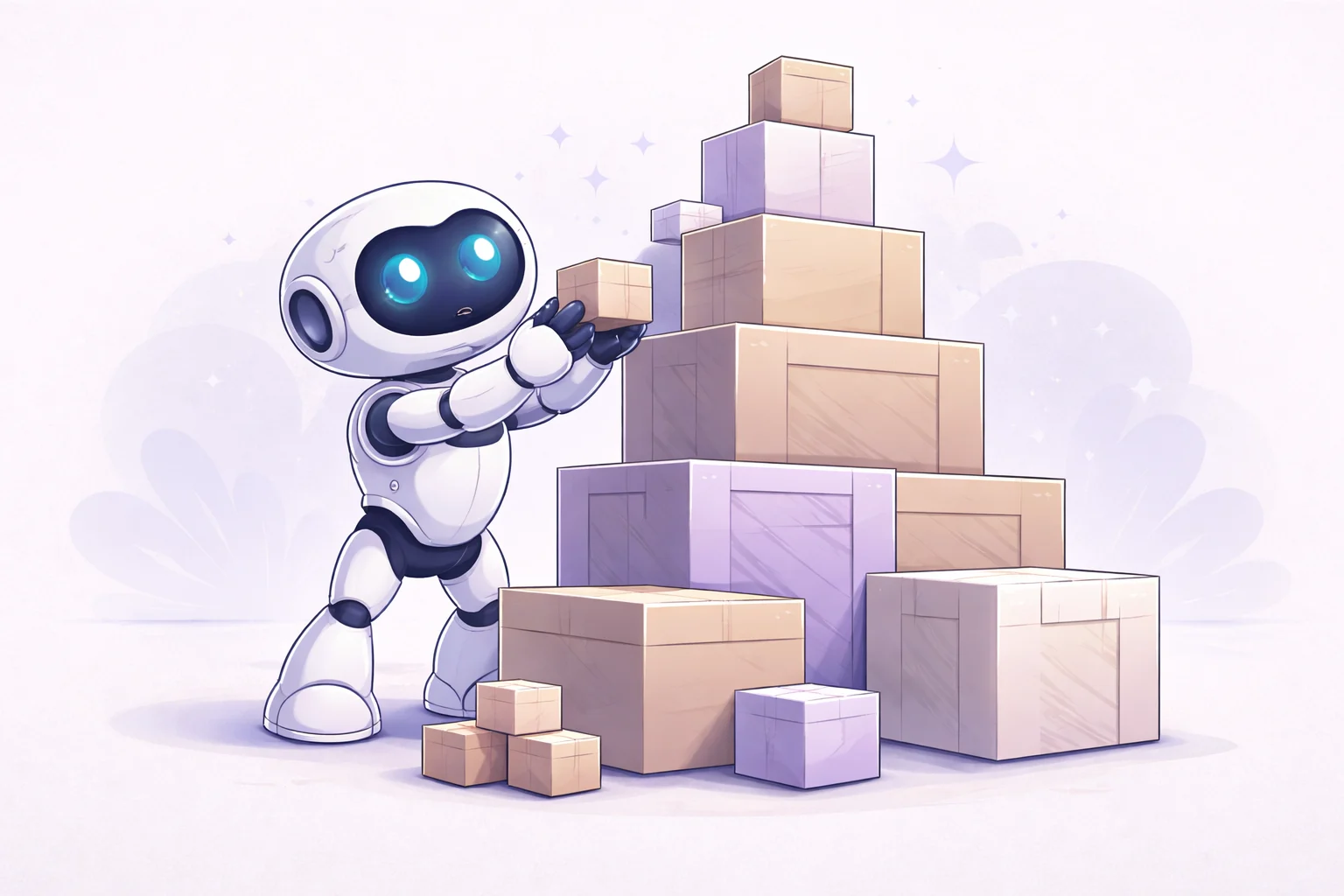 A black and white cartoon of a robot stacking boxes of vastly different sizes, from tiny cubes to massive crates.