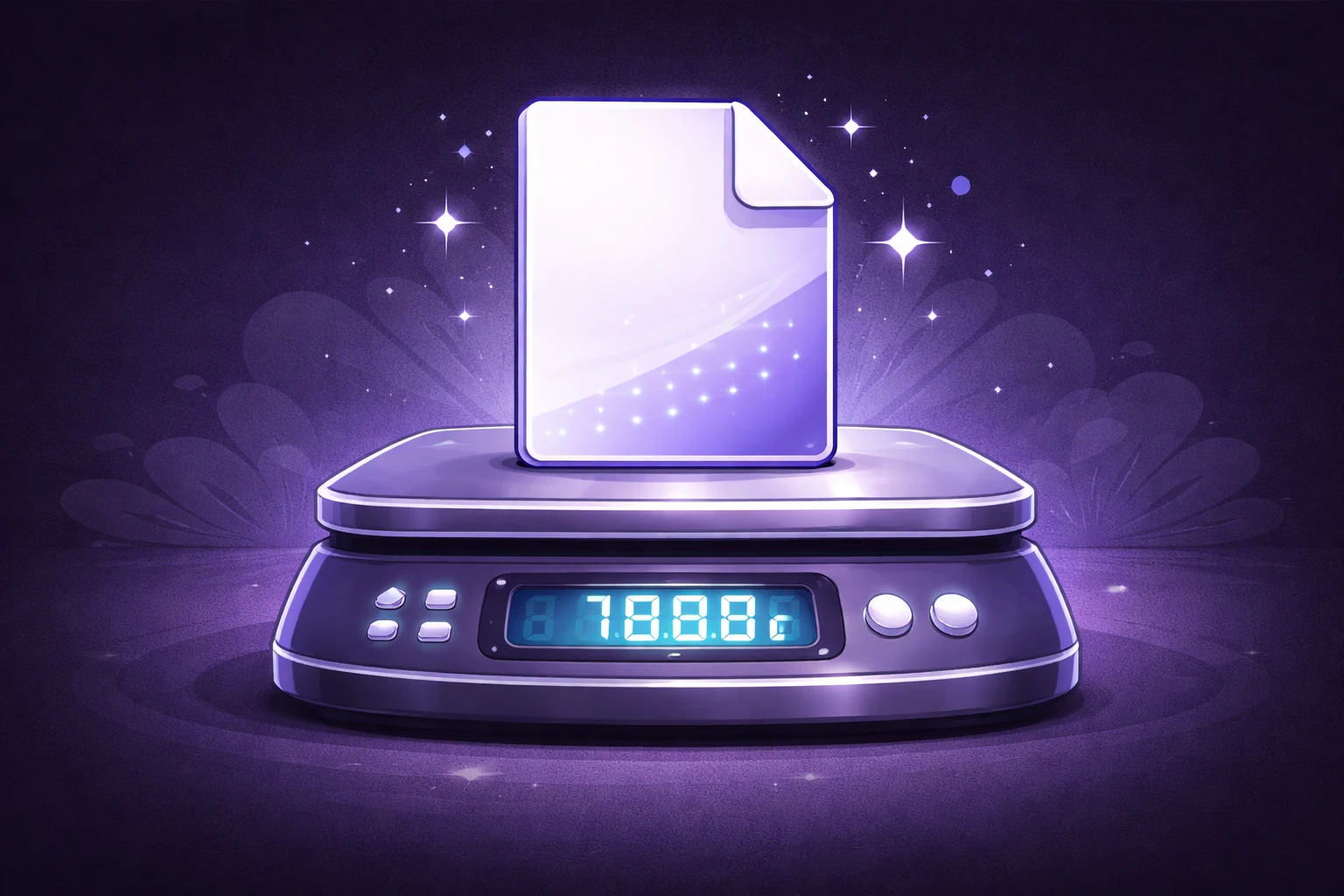 A black and white cartoon of a digital scale weighing a computer file icon to show its exact byte count.