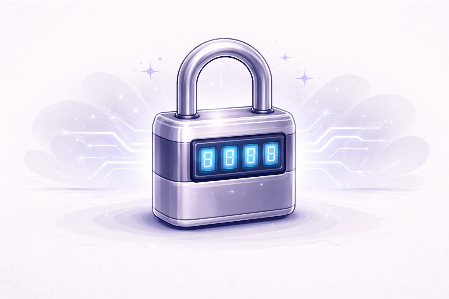 A black and white cartoon of a secure padlock with a digital combination code, representing data security.