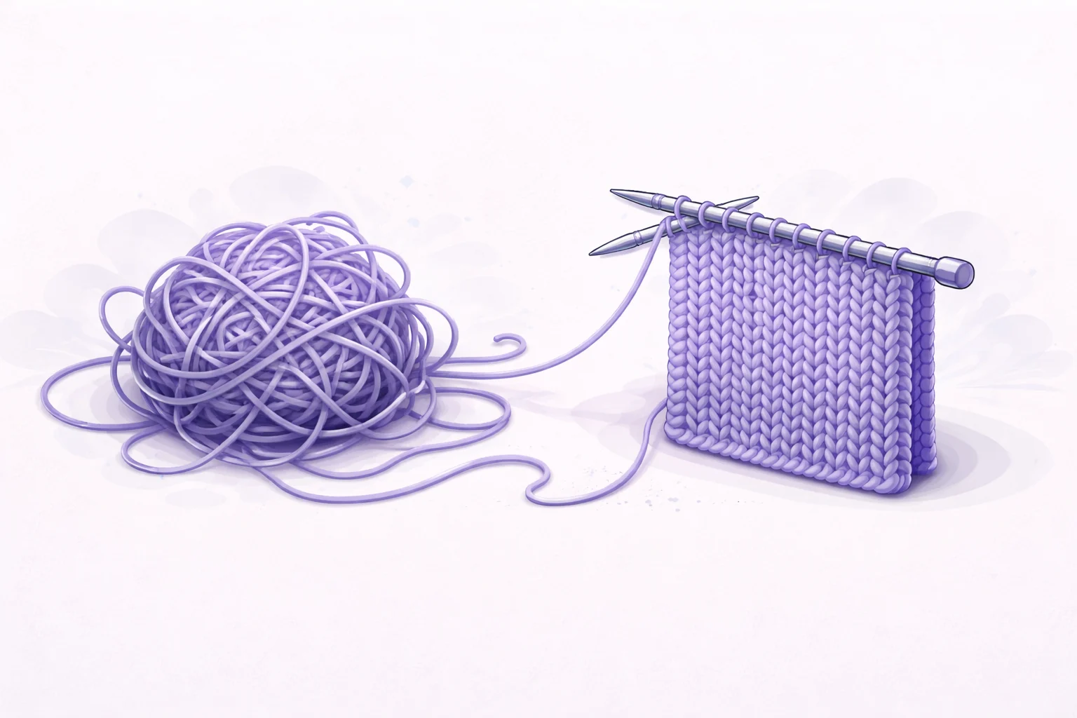 A black and white cartoon of a messy, tangled ball of yarn being knitted into a perfectly neat square fabric.