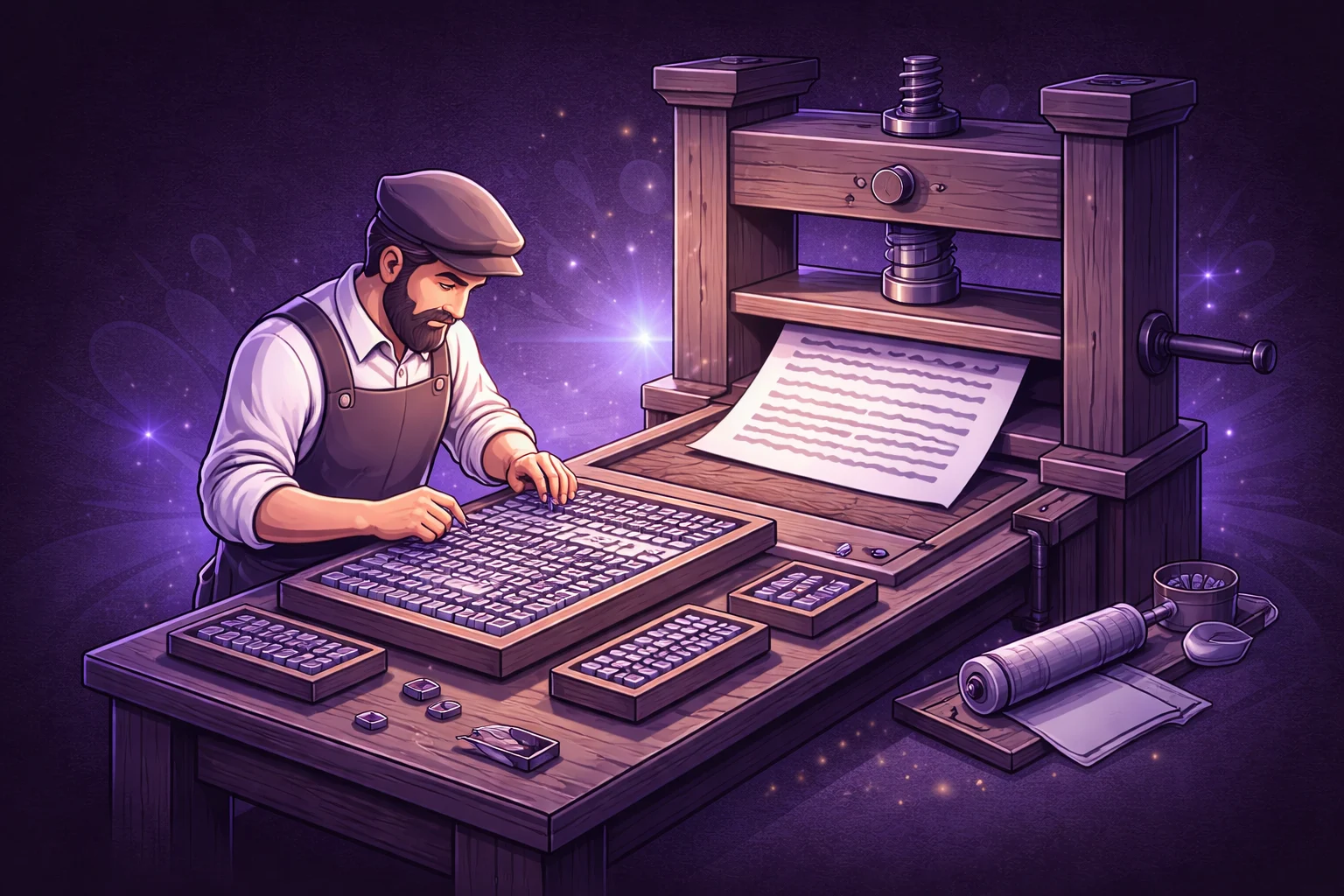 A black and white cartoon of an ancient wooden printing press with letters being arranged by a typesetter.