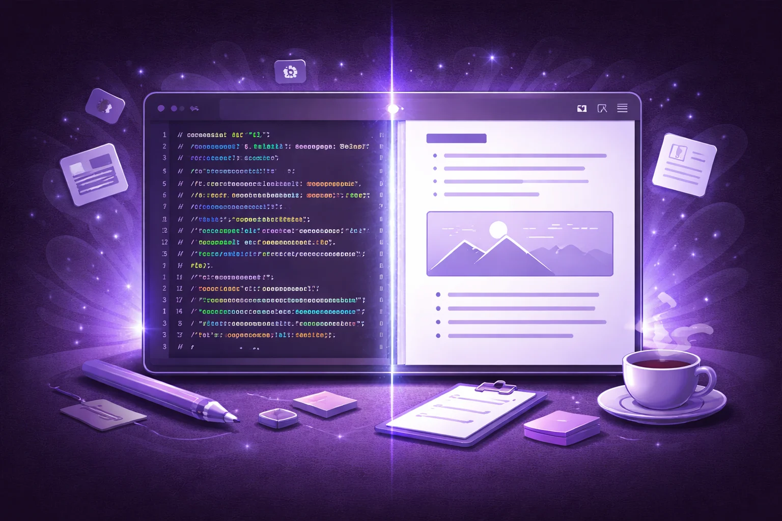 A split screen showing raw code on one side (messy, complex) and a beautiful, clean document on the other side (organized, readable).