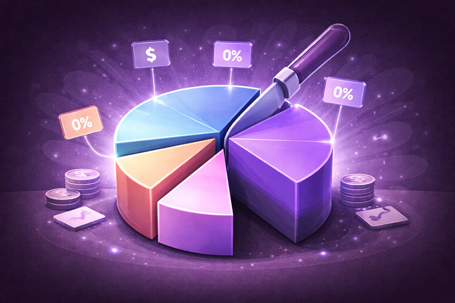 A black and white cartoon of a pie chart being sliced into clearly labeled percentage segments.