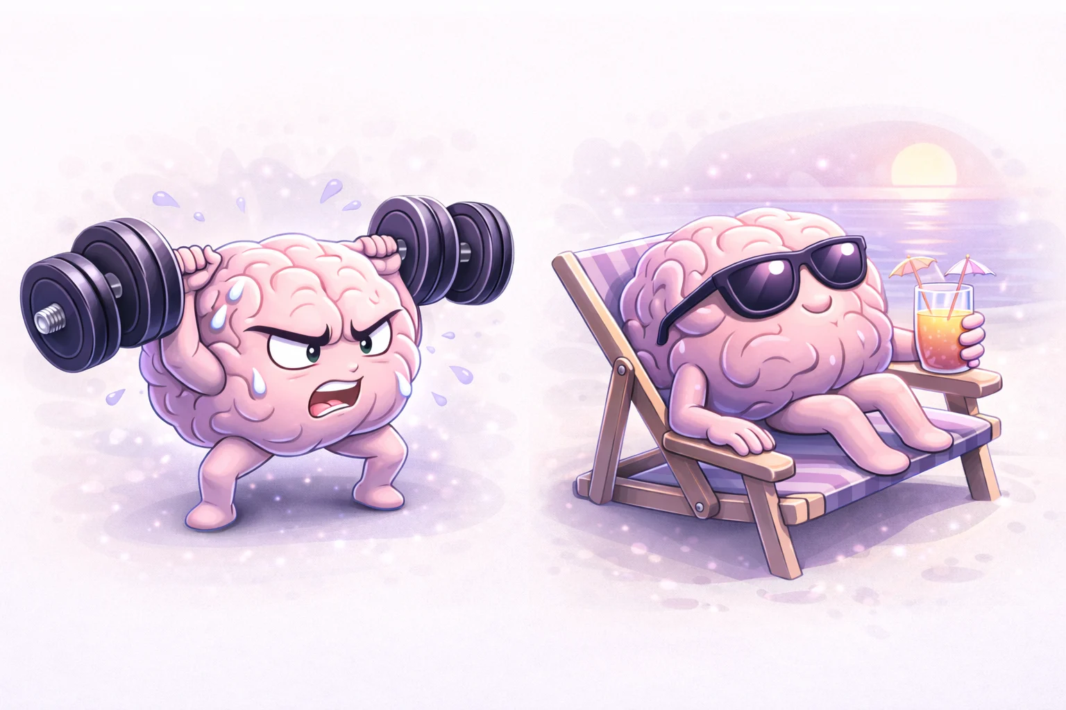 A cartoon brain lifting weights (representing the 'Work' phase) and then relaxing on a beach chair with a drink (representing the 'Break' phase). This illustrates the work/rest cycle.