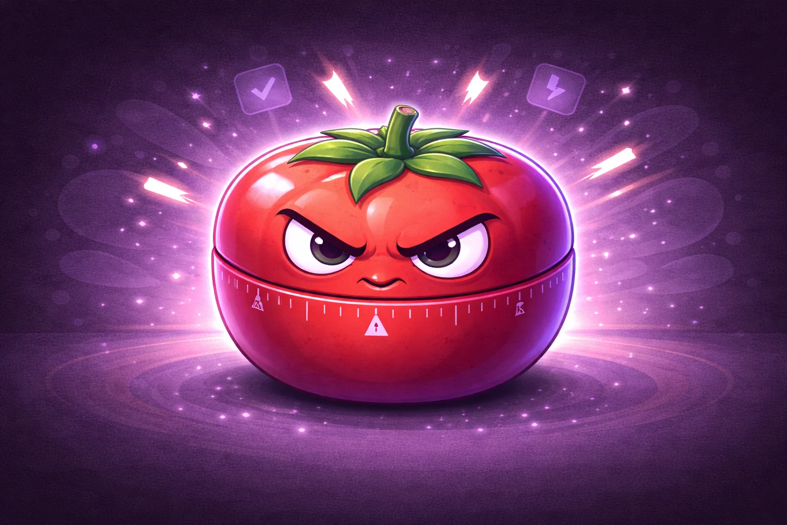 A classic red kitchen timer shaped like a tomato, ticking away with a determined expression. It represents the simplicity and effectiveness of the technique.