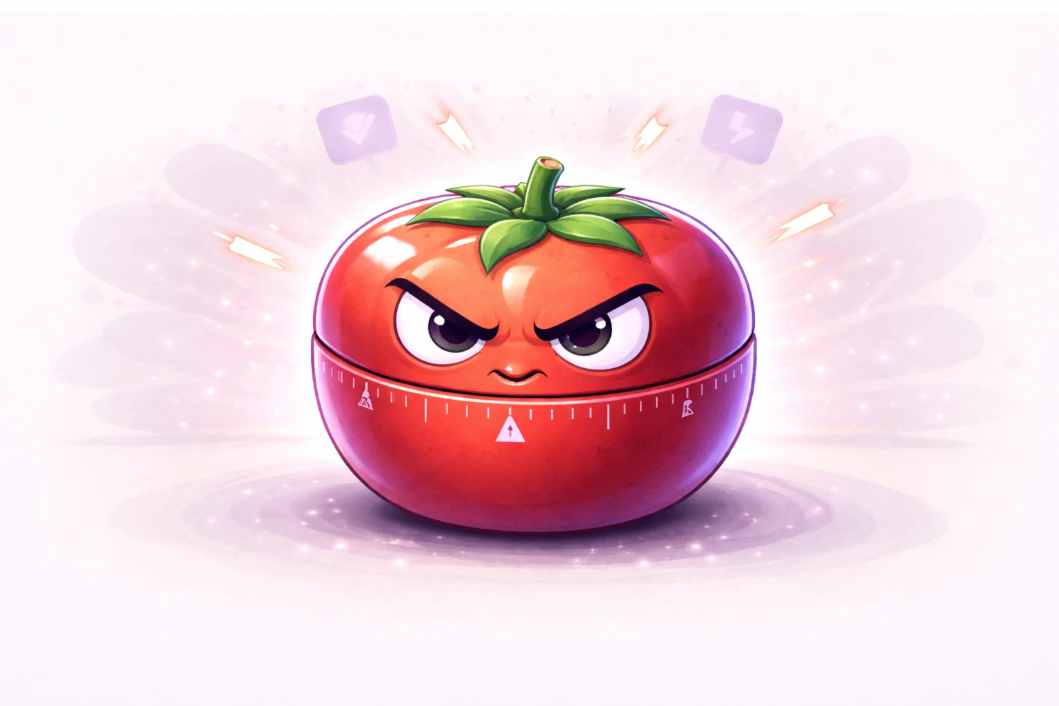 A classic red kitchen timer shaped like a tomato, ticking away with a determined expression. It represents the simplicity and effectiveness of the technique.