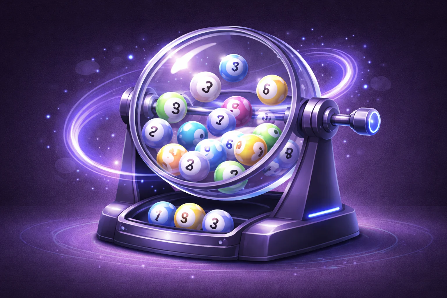 A black and white cartoon of a lottery machine mixing numbered balls, symbolizing fair selection.