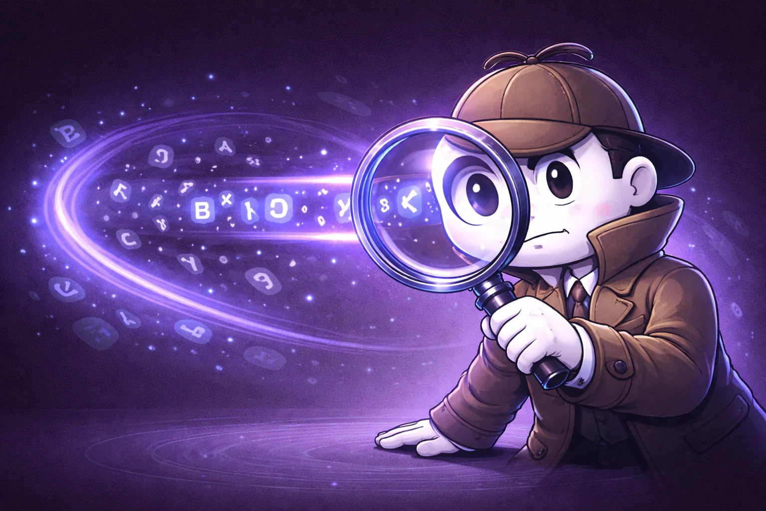 A black and white cartoon of a detective looking through a magnifying glass at a stream of floating letters and numbers, highlighting a specific pattern.