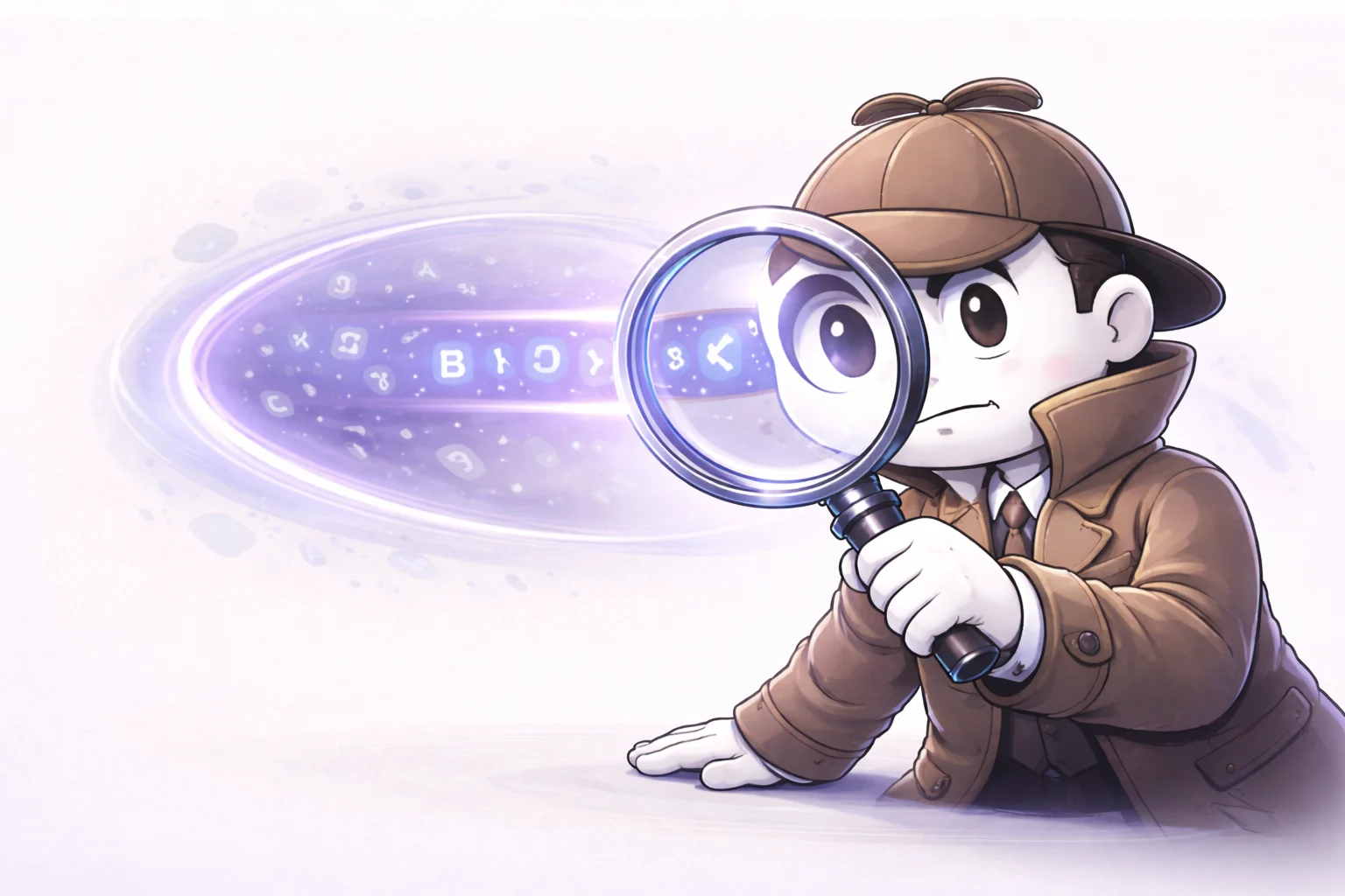 A black and white cartoon of a detective looking through a magnifying glass at a stream of floating letters and numbers, highlighting a specific pattern.