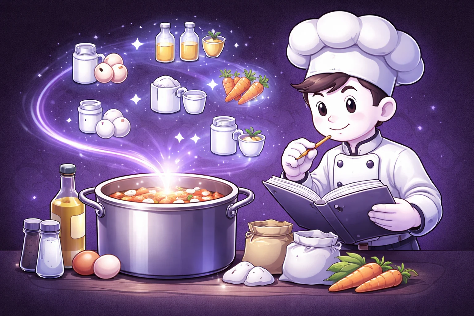 A black and white cartoon of a chef looking at a recipe book and adjusting the ingredients for a larger pot.