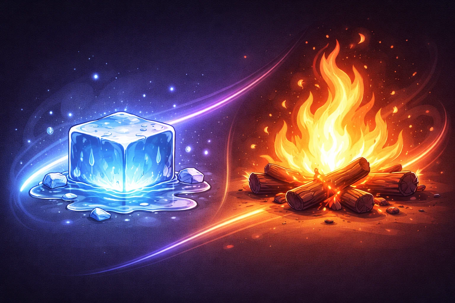 A black and white cartoon showing an ice cube melting on one side and a fire burning on the other, representing the extremes of temperature.