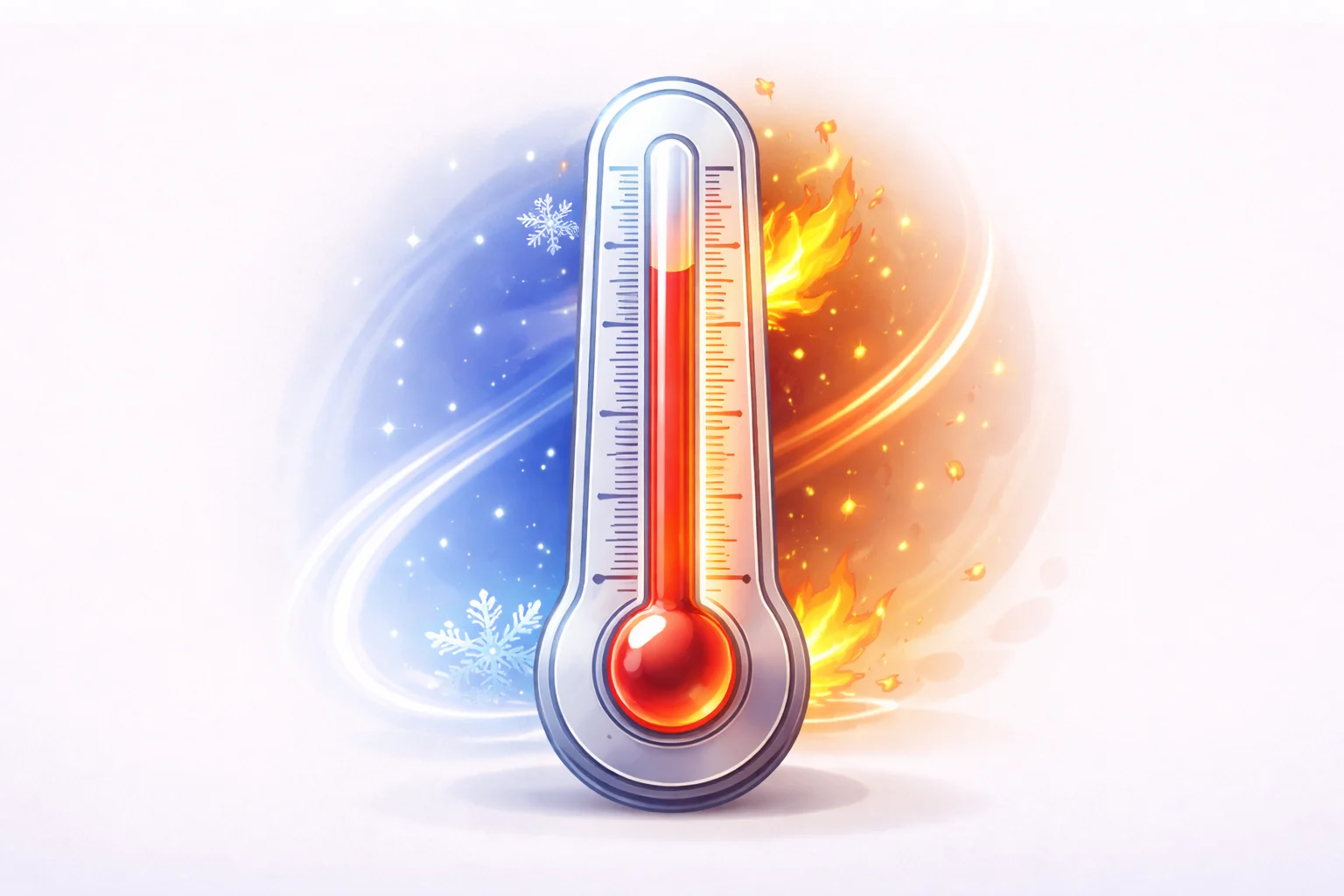 A black and white cartoon of a thermometer with two sides, one showing Celsius and the other Fahrenheit, with the mercury rising.