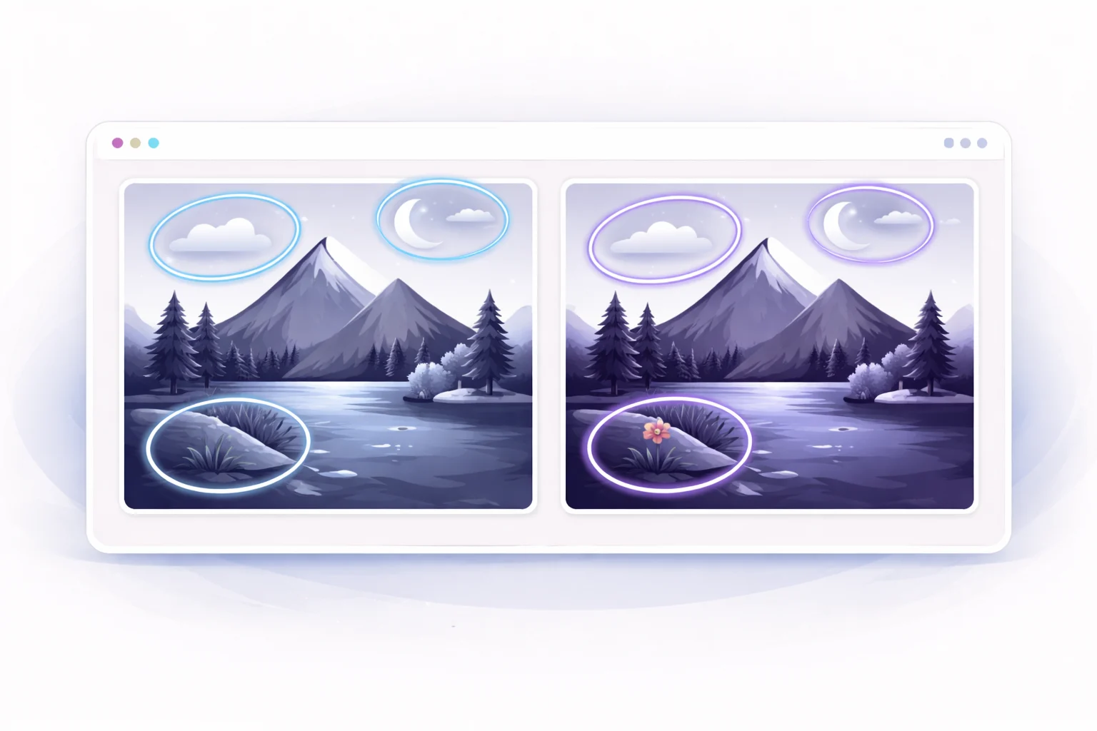 A black and white cartoon of two nearly identical pictures side-by-side, with a few subtle differences circled.
