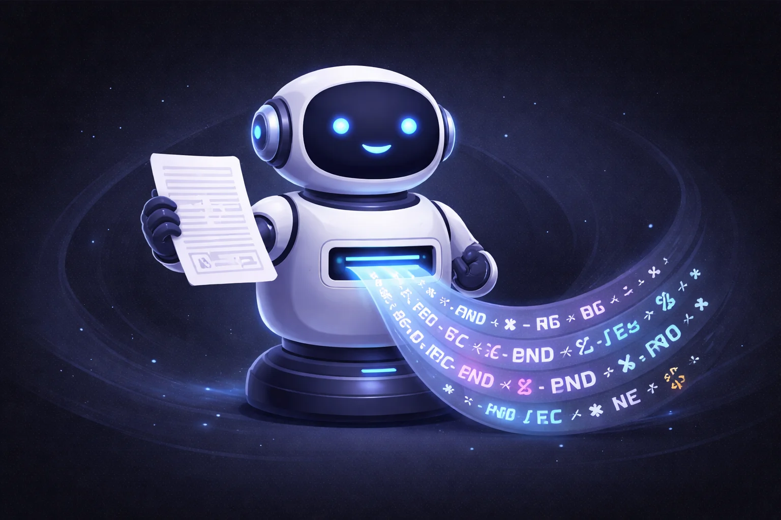 A black and white cartoon of a robot translator taking a piece of paper with human text and outputting a stream of safe, encoded symbols.
