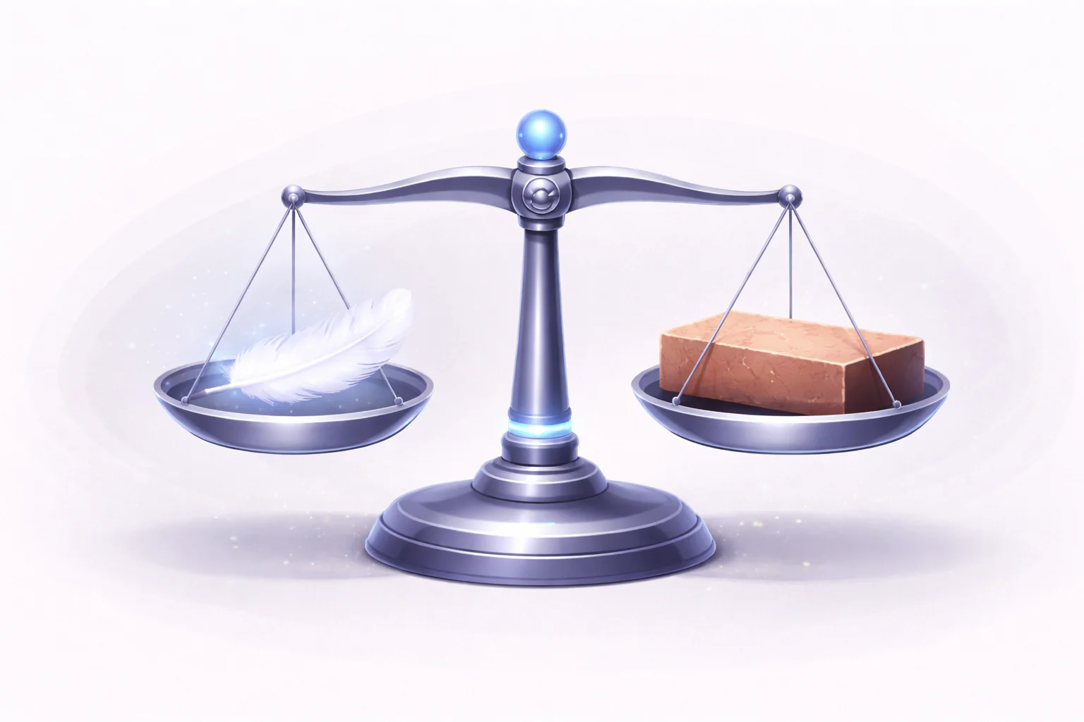 An old-fashioned balance scale with a feather on one side and a brick on the other, illustrating the concept of mass and weight.