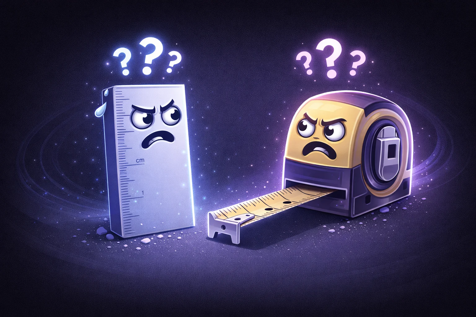 A cartoon ruler and a tape measure having a disagreement. One is marked in centimeters, the other in inches. They look confused.
