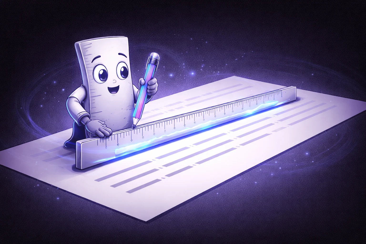 A black and white cartoon of a ruler measuring the length of a sentence, symbolizing precision in writing.