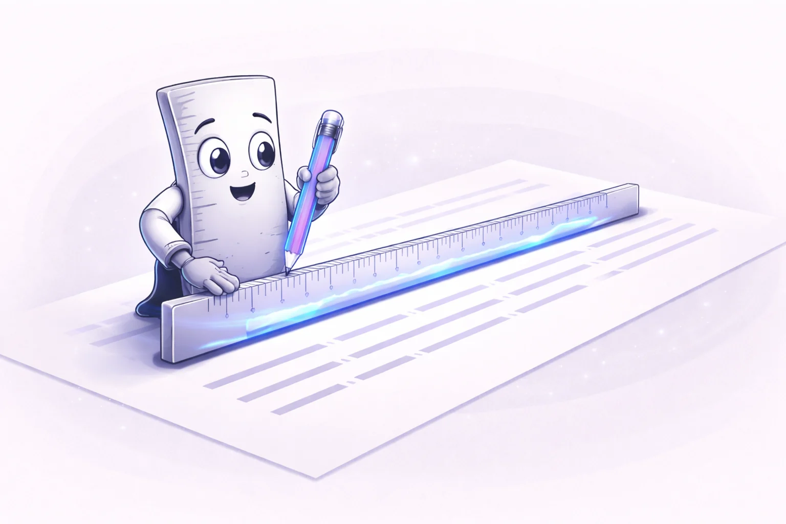 A black and white cartoon of a ruler measuring the length of a sentence, symbolizing precision in writing.