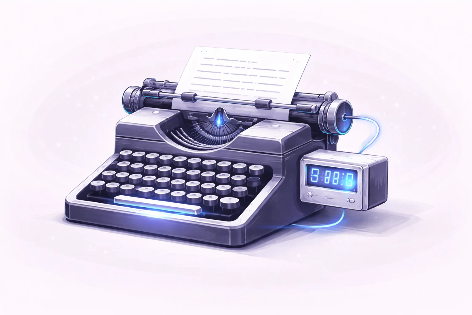 A black and white cartoon of an old-fashioned typewriter with a digital counter attached to the side, tallying up the words.