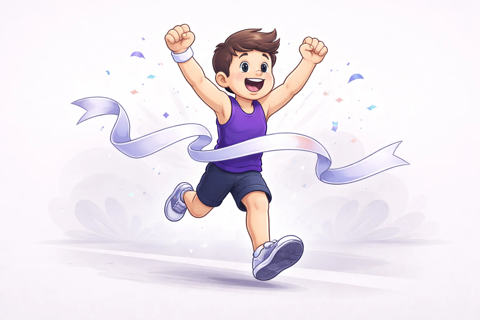A black and white cartoon of a runner breaking through a finish line tape, symbolizing the completion of a timed task.