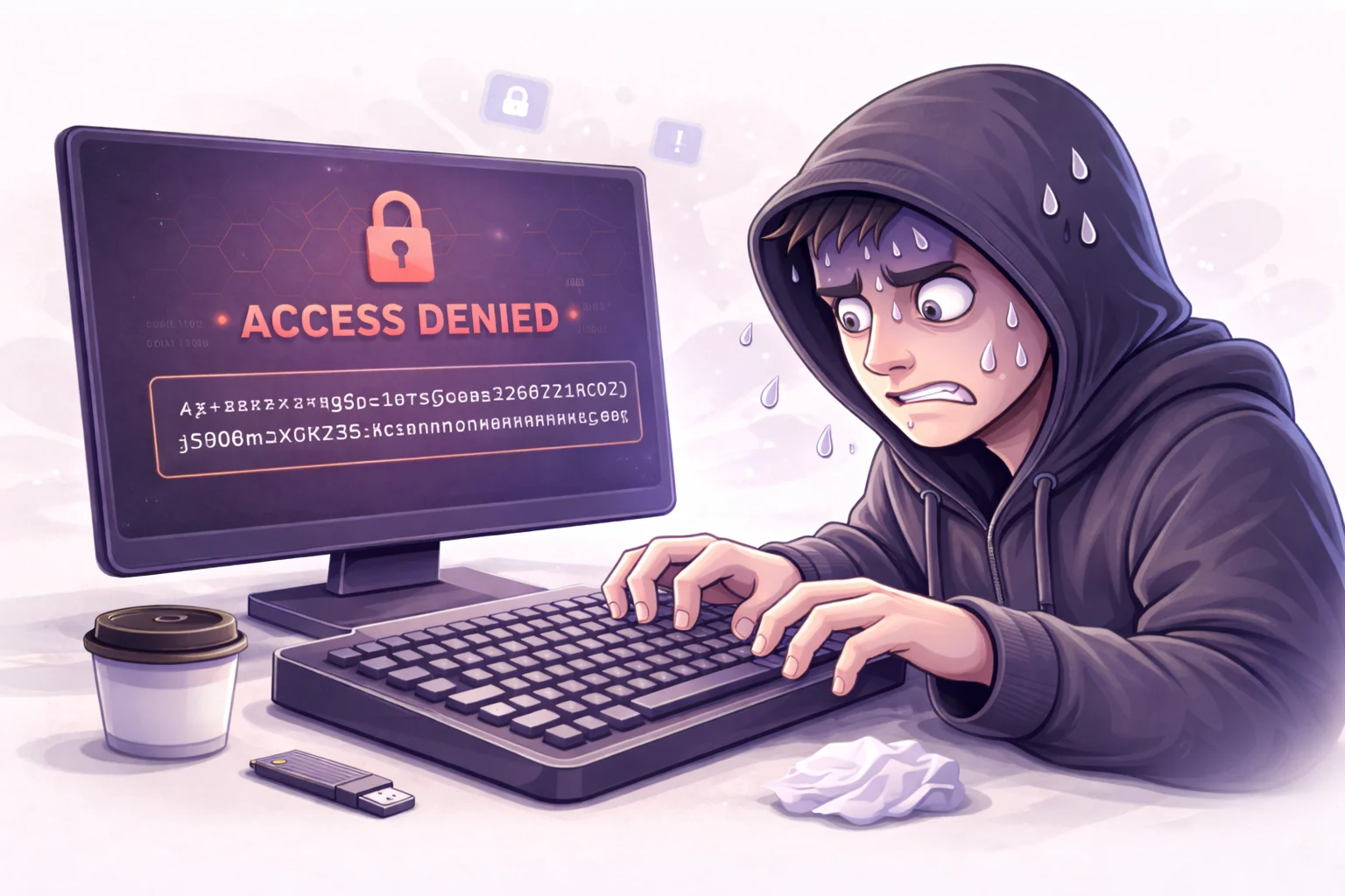A cartoon hacker in a hoodie, sweating nervously as they try to type a ridiculously long and complex password into a computer. The screen shows 'ACCESS DENIED'.